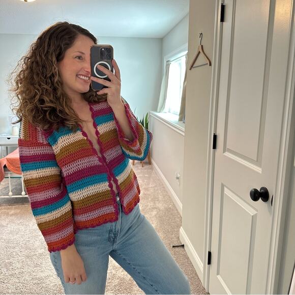 NWT Xirena Multicolored Cotton Crochet Cardigan Open Knit Sweater Small - Picture 3 of 12